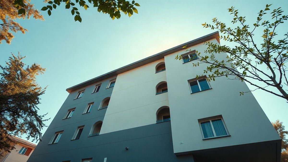 Imagen ilustrativa: ángulo bajo de la fachada de un edificio residencial moderno bajo un cielo despejado
