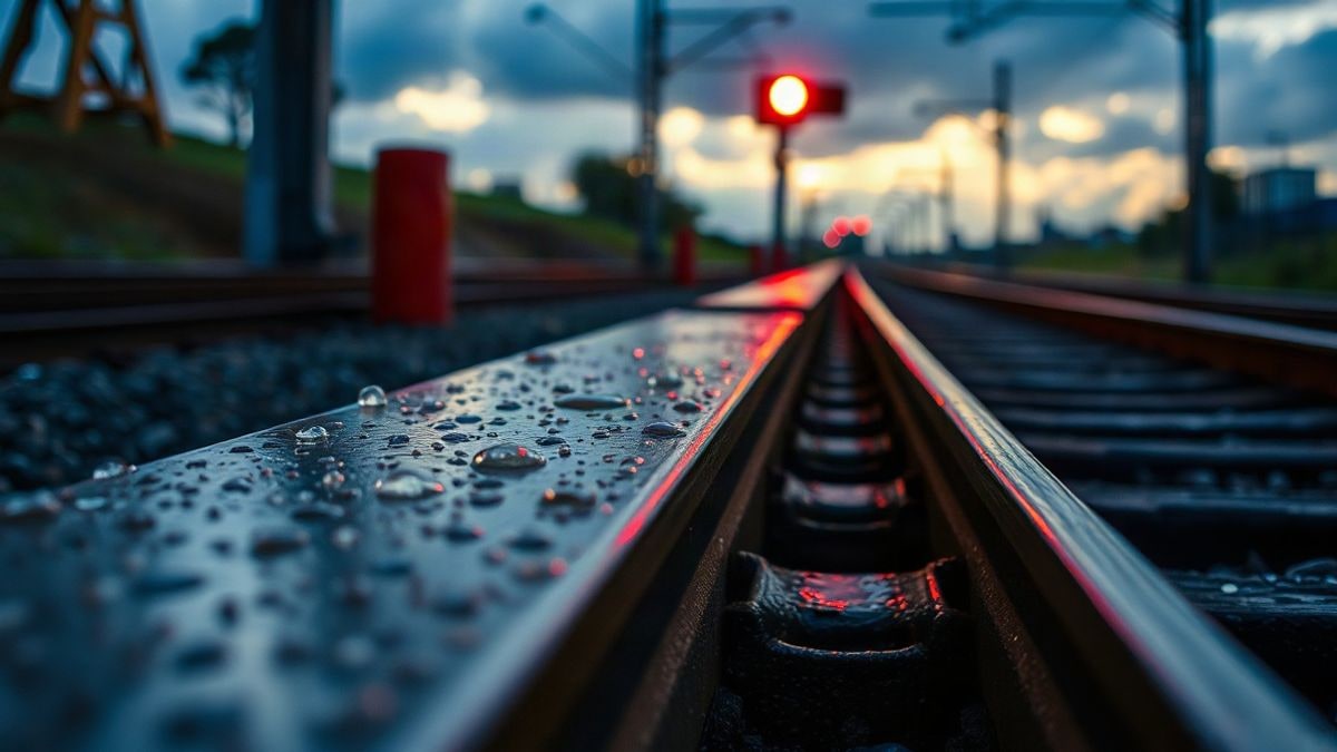 Imagen ilustrativa: detalle de vías de tren mojadas con señal luminosa al fondo