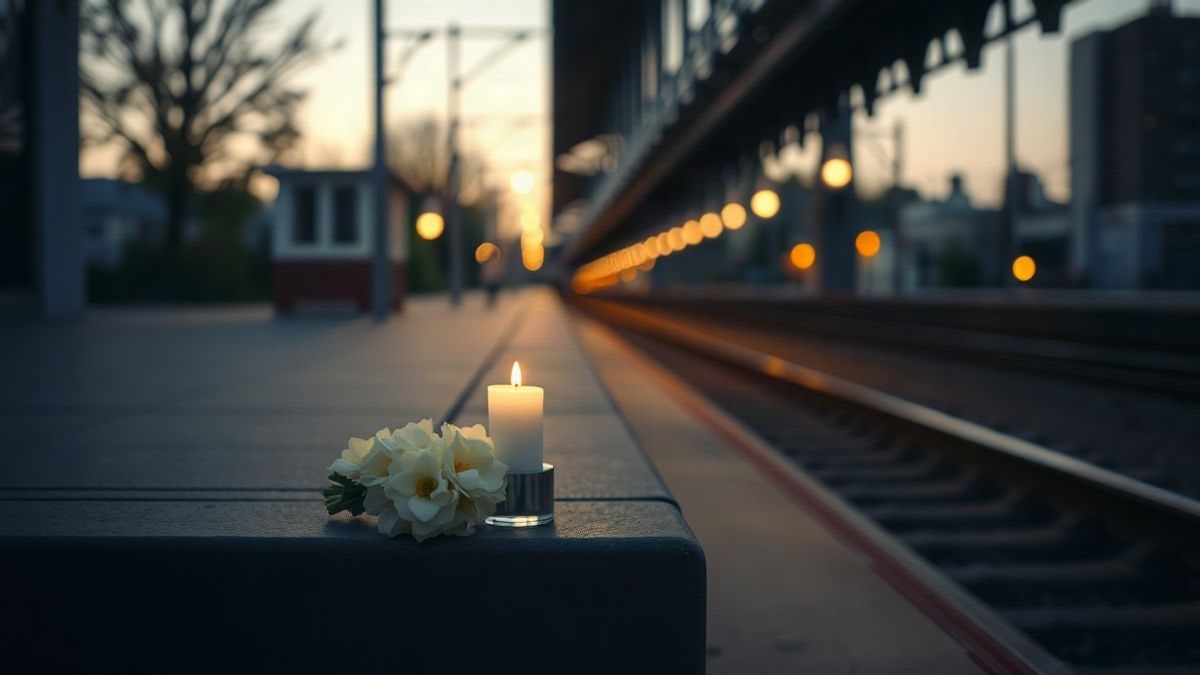 Illustrative image: white flowers and a candle on a stone step next to a railway track at sunset
