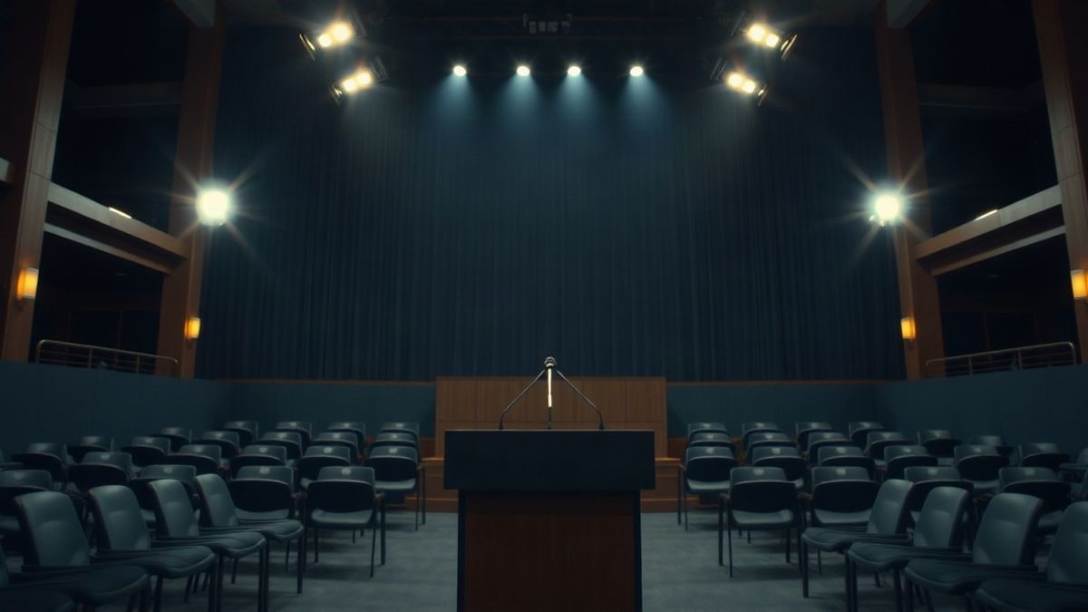 Imagen ilustrativa: sala de prensa vacía con atril y micrófono bajo focos nocturnos