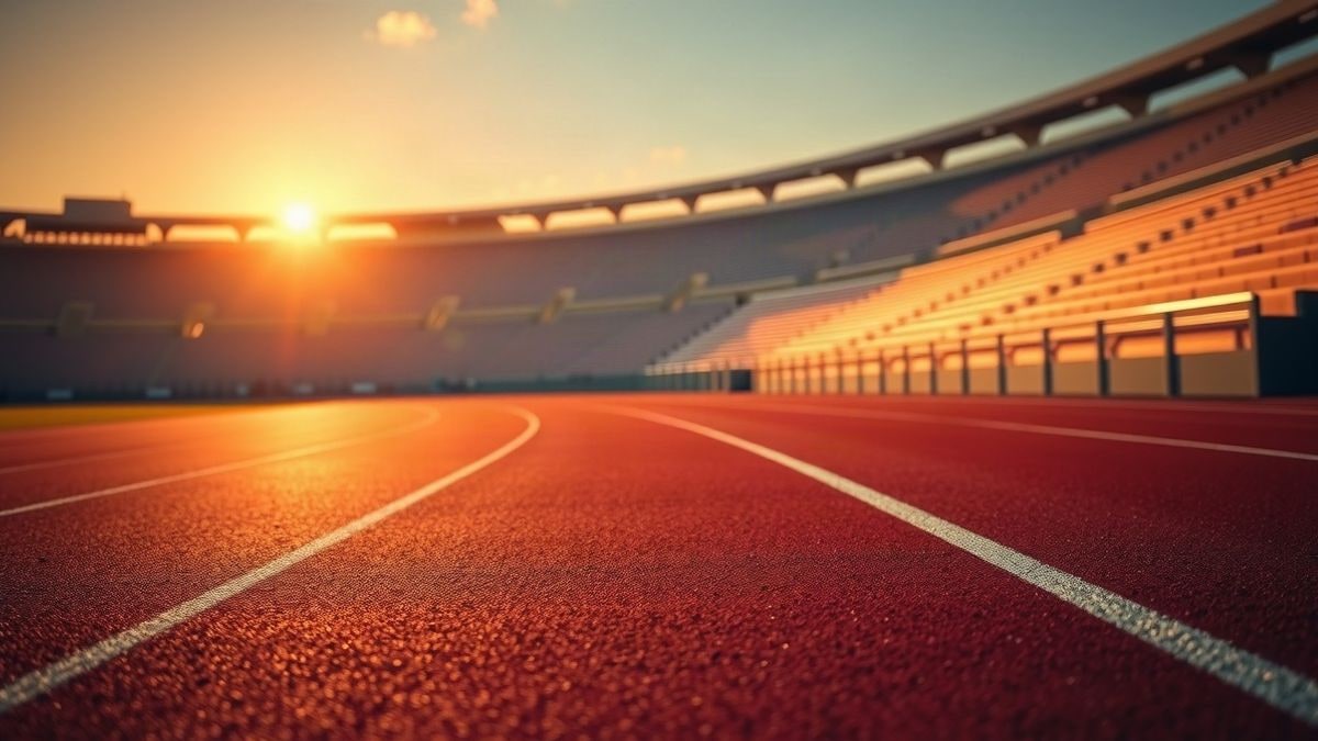 Imagen ilustrativa: pista de atletismo con calles rojas y líneas blancas al atardecer