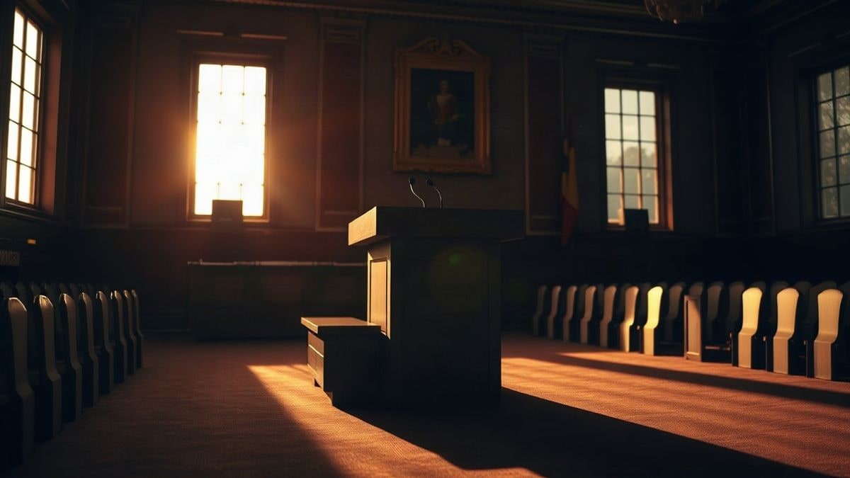 Imagen ilustrativa: un atril de madera vacío en una sala tenue al atardecer, con sombras largas por el contraluz