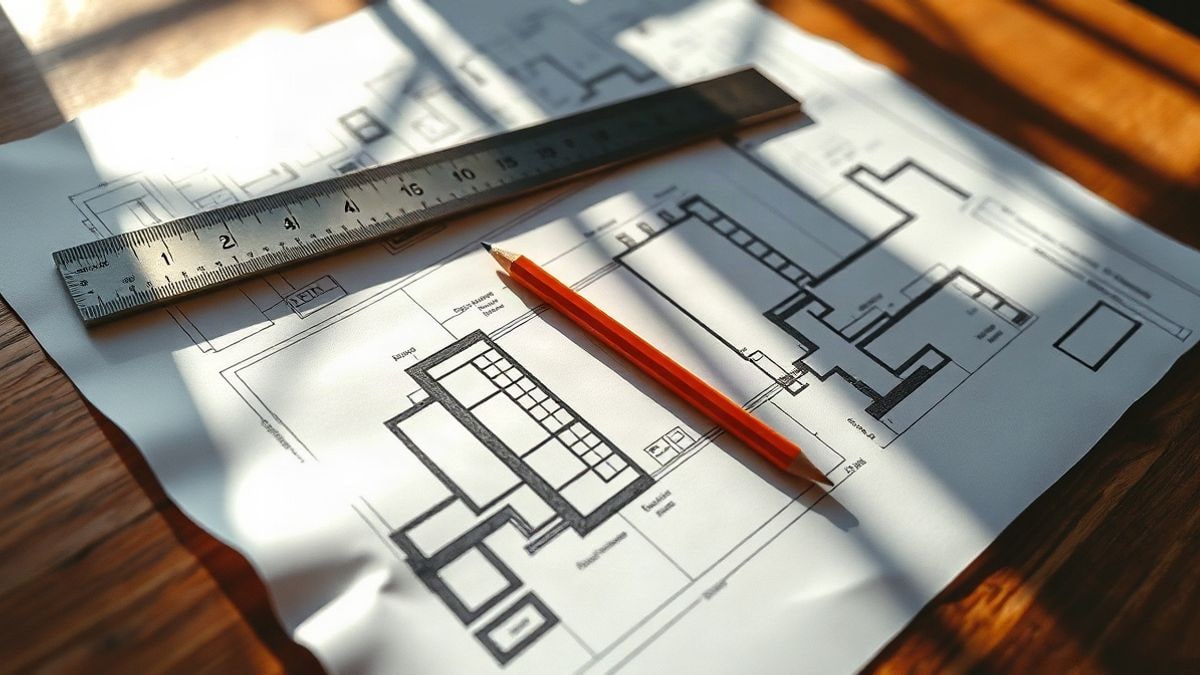 Illustrative image: construction plans and a scale ruler on a wooden table viewed from above