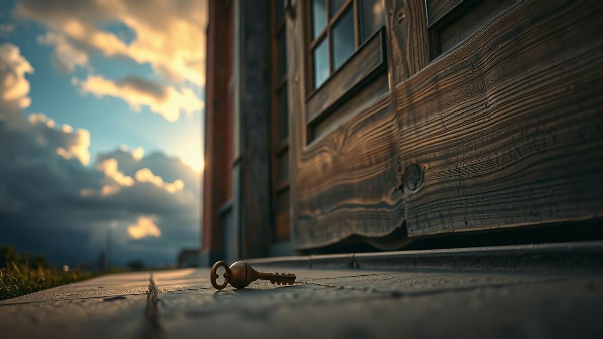 Illustrative image: wooden door of a residential building with a key on the threshold under a sunset sky