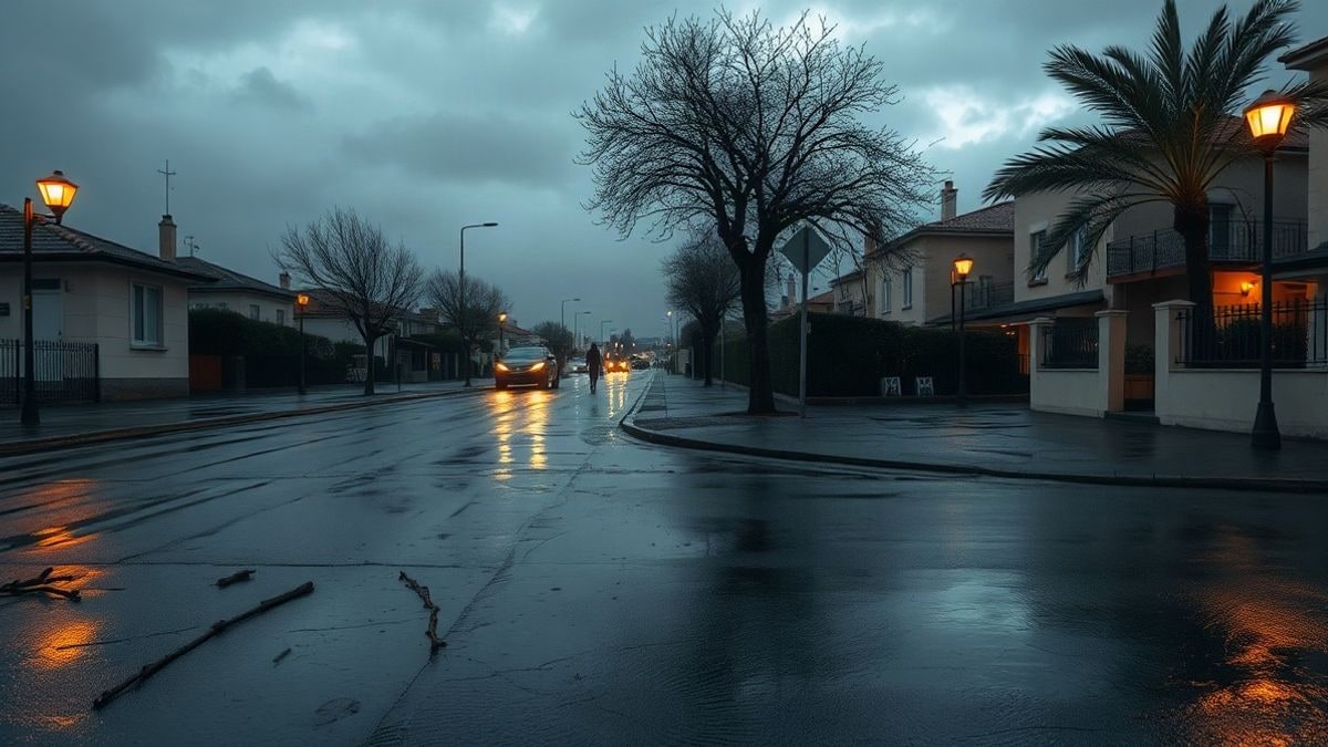 Illustrative image: flooded residential street at sunset after heavy rains, with a distant figure and large spaces of grey sky