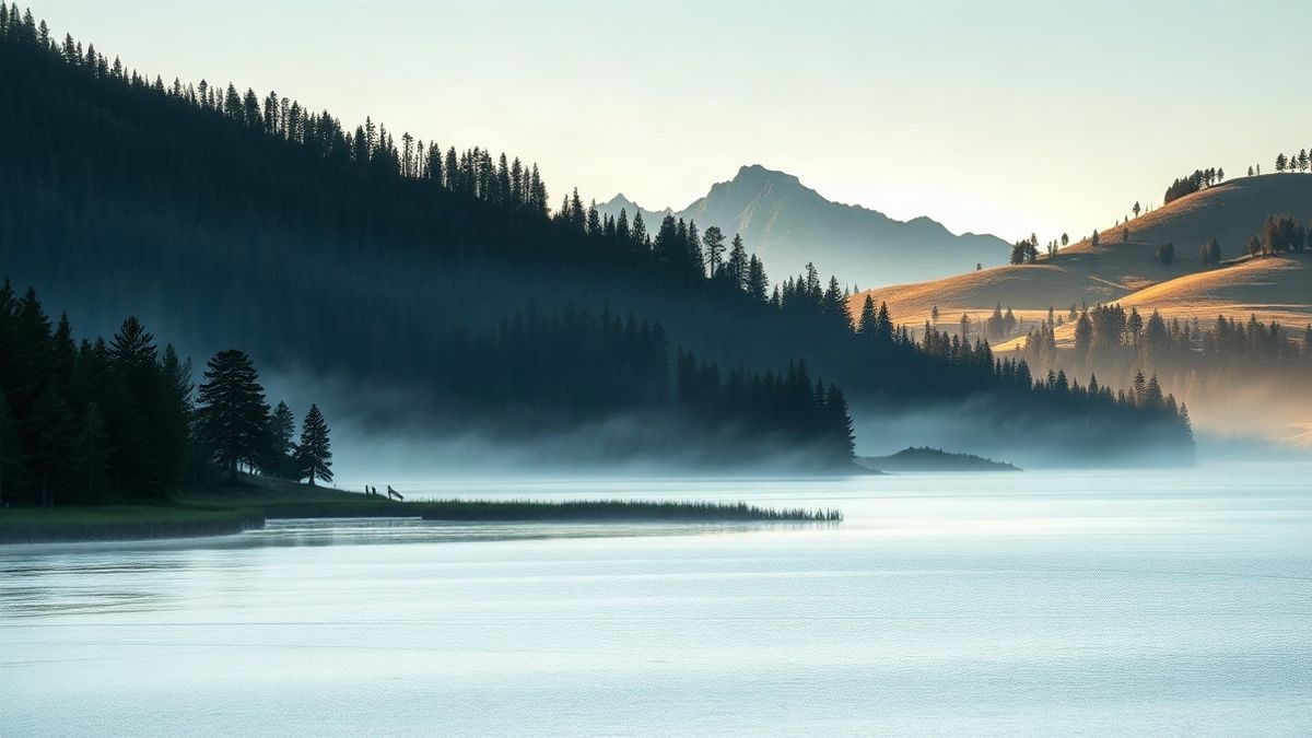 Imagen ilustrativa: vista lateral de un lago de montaña rodeado de pinos y niebla suave al amanecer