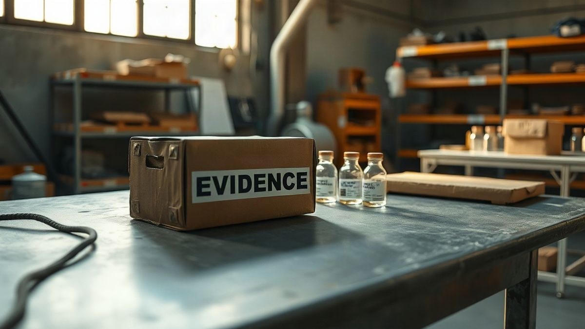 Illustrative image: boxes and jars on a metal table in an empty workshop illuminated by natural light