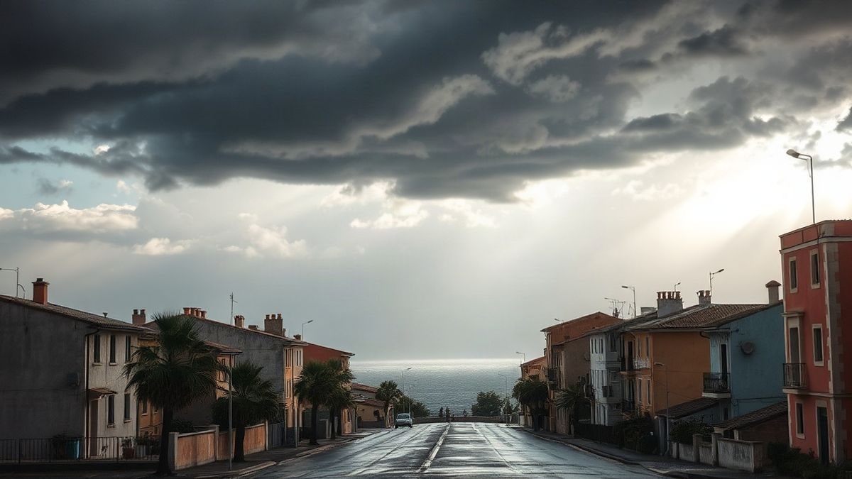 Imagen ilustrativa: nubes de tormenta sobre un núcleo costero mediterráneo con lluvia intensa
