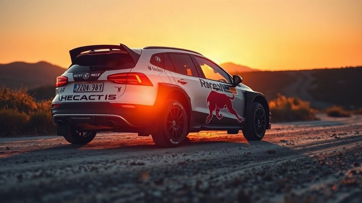 Imagen ilustrativa: coche de rally híbrido genérico aparcado en un camino de tierra al atardecer, con sombras alargadas