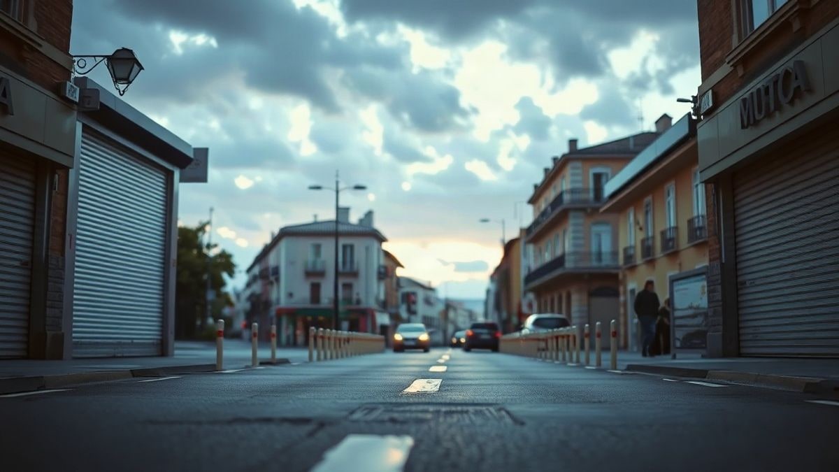 Imagen ilustrativa: calle urbana con persianas metálicas cerradas y barreras al atardecer bajo un cielo nublado