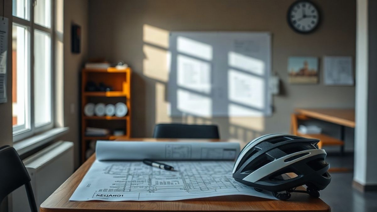 Imagen ilustrativa: planos y un casco de bicicleta sobre una mesa en una oficina con luz lateral