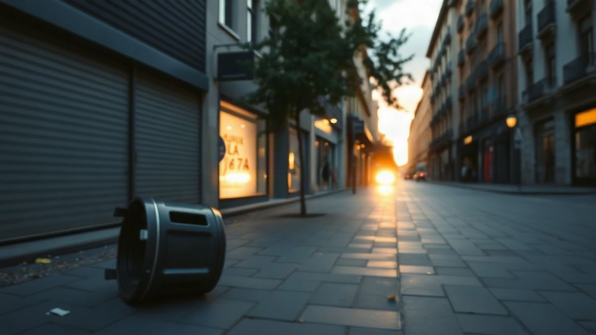 Illustrative image: urban street at sunset with shop shutters down and debris on the ground, illuminated by natural light