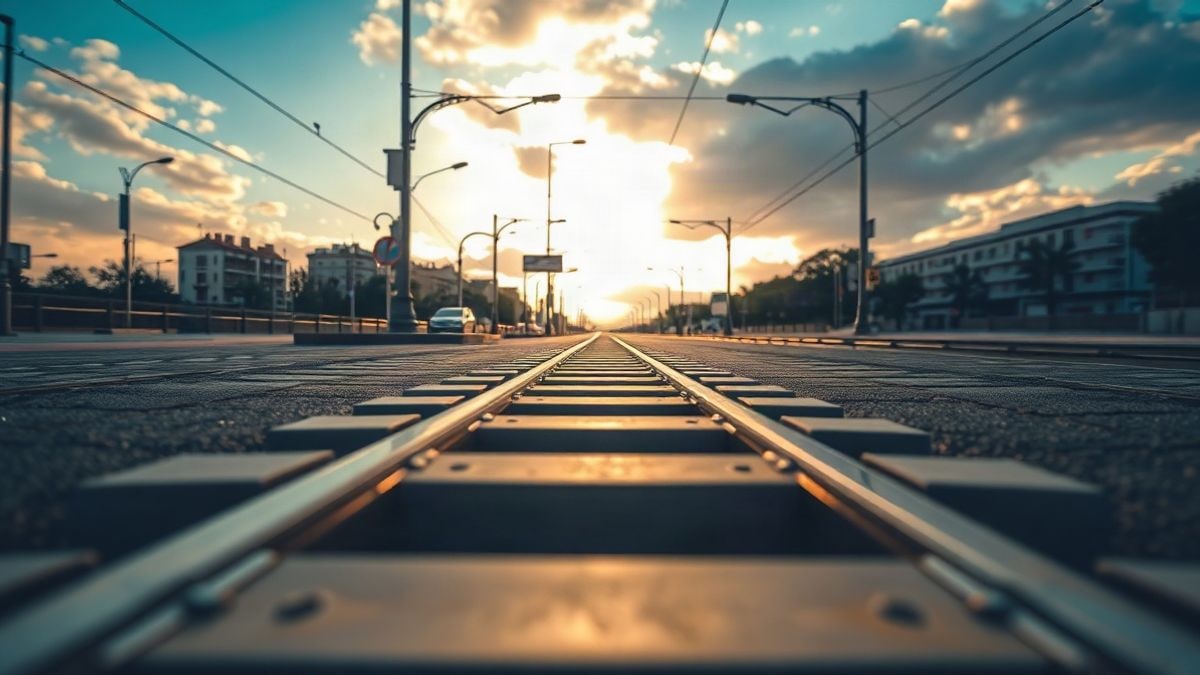 Imagen ilustrativa: vías de tranvía que se pierden en un bulevar urbano bajo un cielo de atardecer