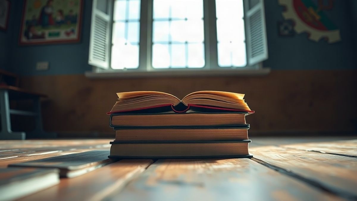 Illustrative image: open books on the floor of a wooden classroom next to a tall window with the sky in the background