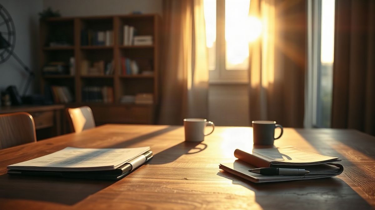 Imagen ilustrativa: escritorio de madera vacío iluminado a contraluz al atardecer, con sombras largas y una carpeta cerrada