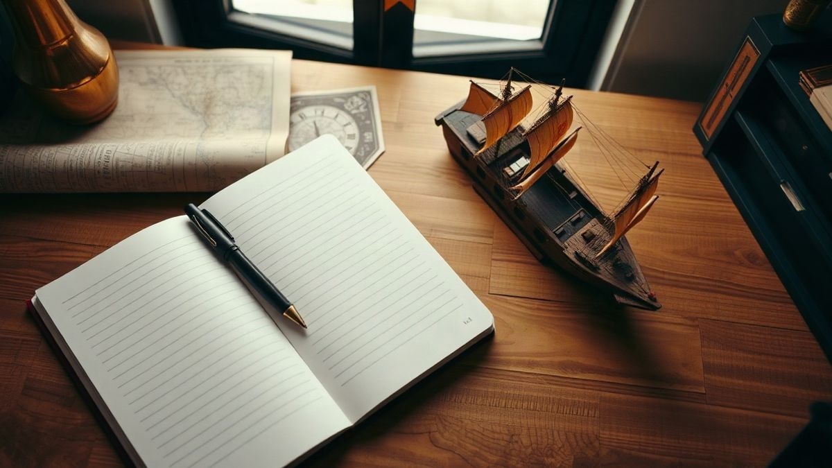 Illustrative image: overhead view of a wooden table with a closed notebook, a pen, and a cargo ship model next to a folded paper map