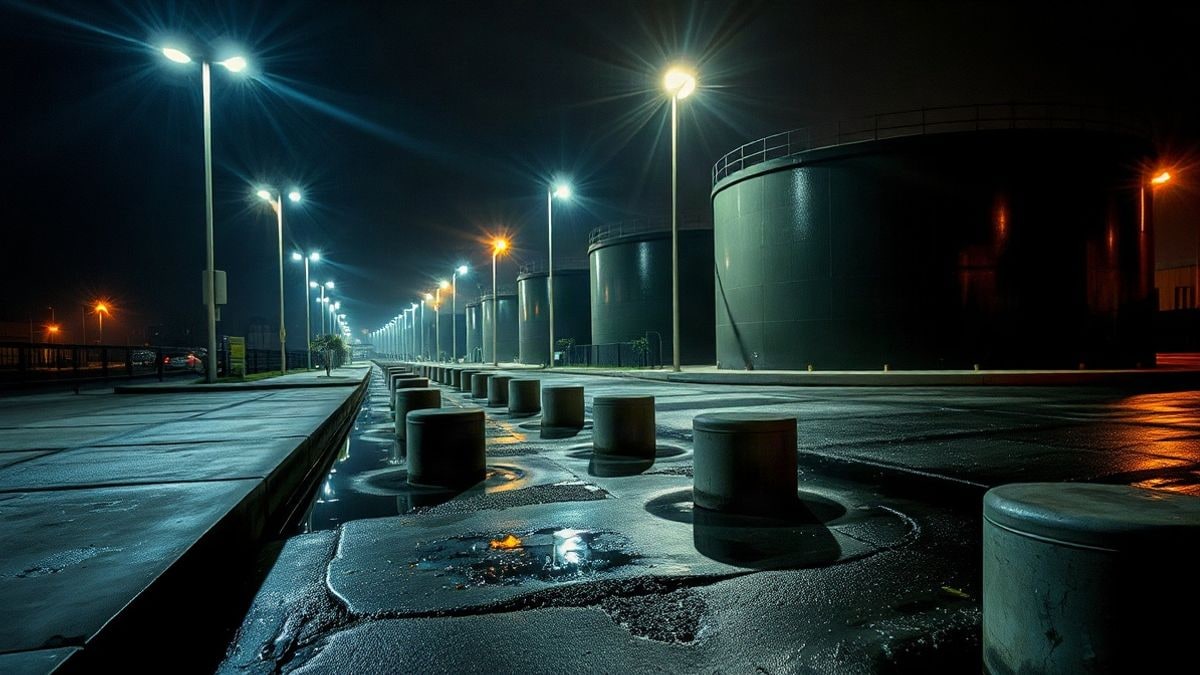 Imagen ilustrativa: un camino de hormigón mojado junto a grandes tanques circulares de una planta de tratamiento iluminada de noche