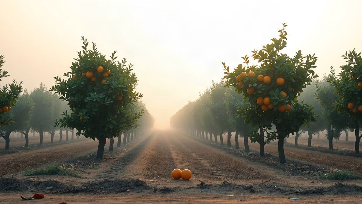 Illustrative image: rows of citrus trees on a farm at dawn, with fallen oranges on the dry ground