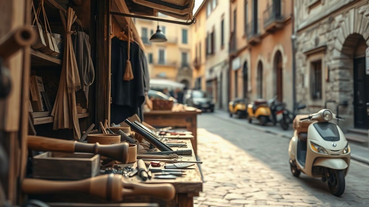 Imagen ilustrativa: puesto de artesanía en un mercado medieval instalado en una calle de piedra al atardecer