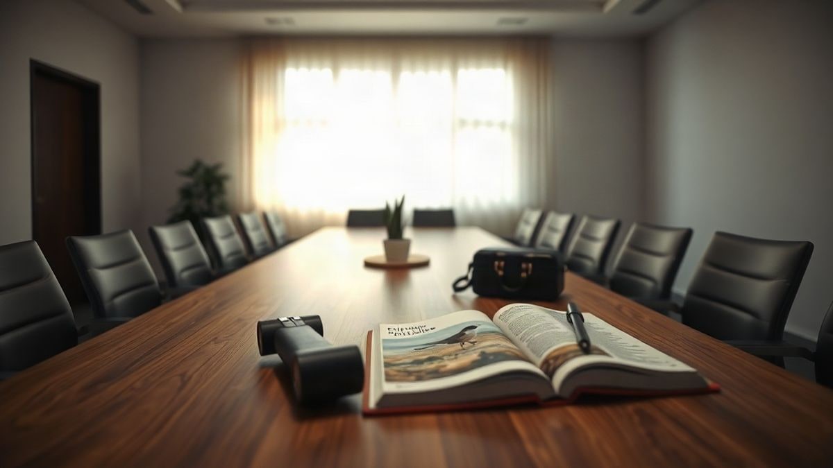 Imagen ilustrativa: sala de reuniones con luz de ventana lateral, mesa de madera vacía y una guía de aves abierta sobre ella