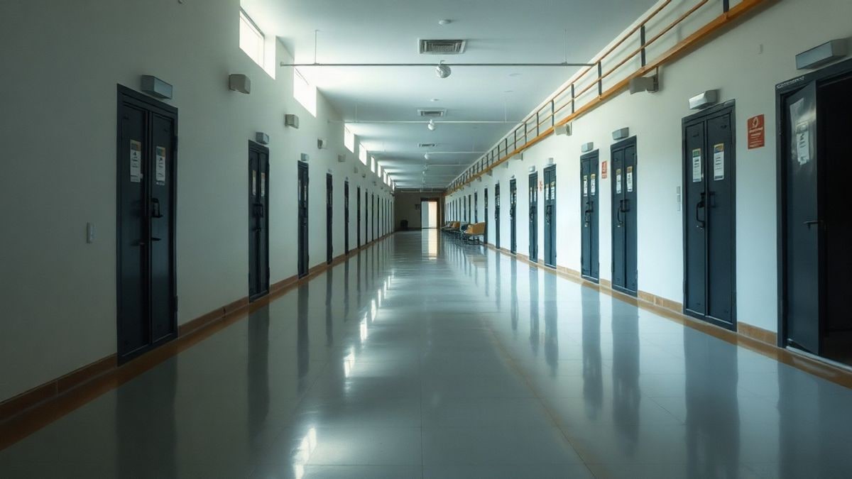 Imagen ilustrativa: un pasillo largo y vacío de un edificio penitenciario con líneas que convergen hacia una luz al fondo