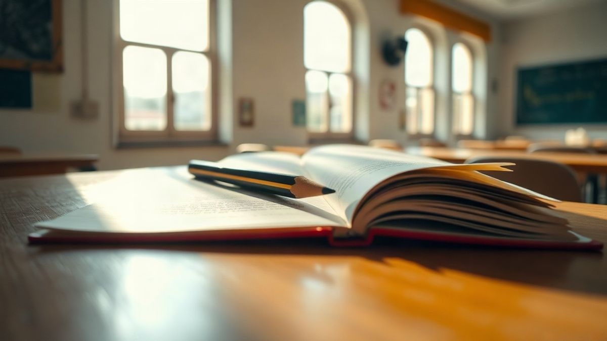 Illustrative image: close-up of an open book and a pencil on a wooden desk in a classroom at sunset