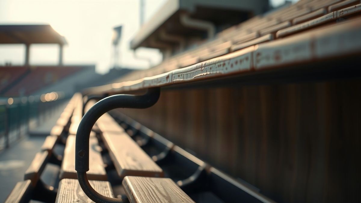 Illustrative image: detail of wooden benches and metal railing in an empty stand at sunset