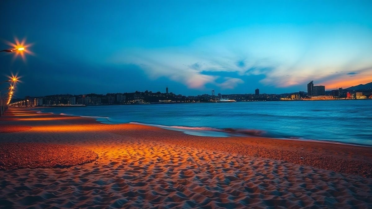 Imagen ilustrativa: playa urbana al atardecer con luces y arena vacía