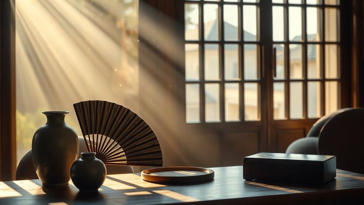 Imagen ilustrativa: mesa de madera con objetos decorativos de estilo oriental junto a una ventana iluminada por luz lateral