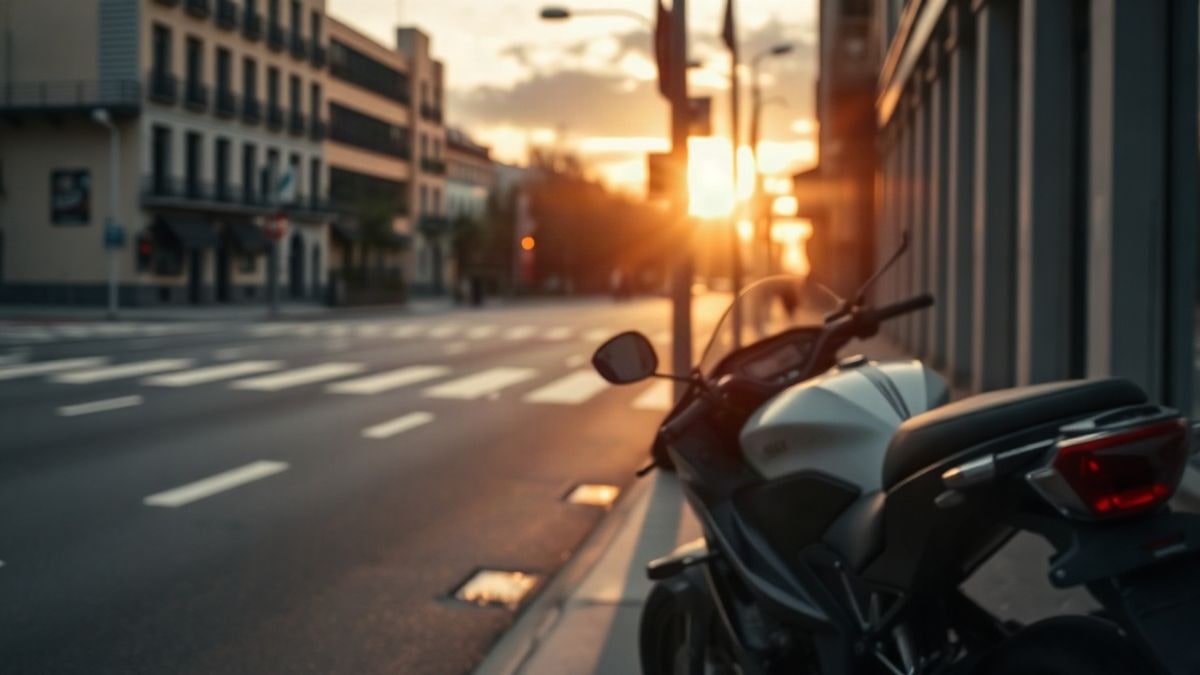 Imagen ilustrativa: calle urbana al amanecer con una motocicleta estacionada en primer plano