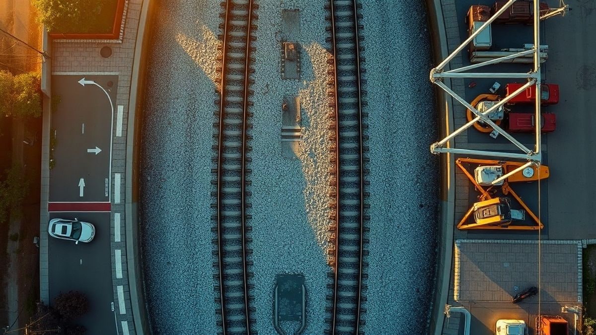 Imagen ilustrativa: vista cenital de vías de tren que se bifurcan sobre balasto al amanecer