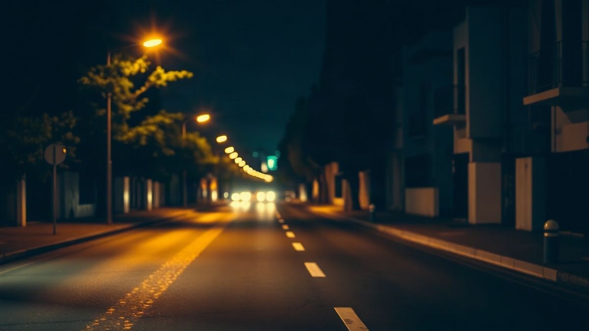 Imagen ilustrativa: calle residencial de noche con farolas encendidas y una mochila infantil olvidada en un banco