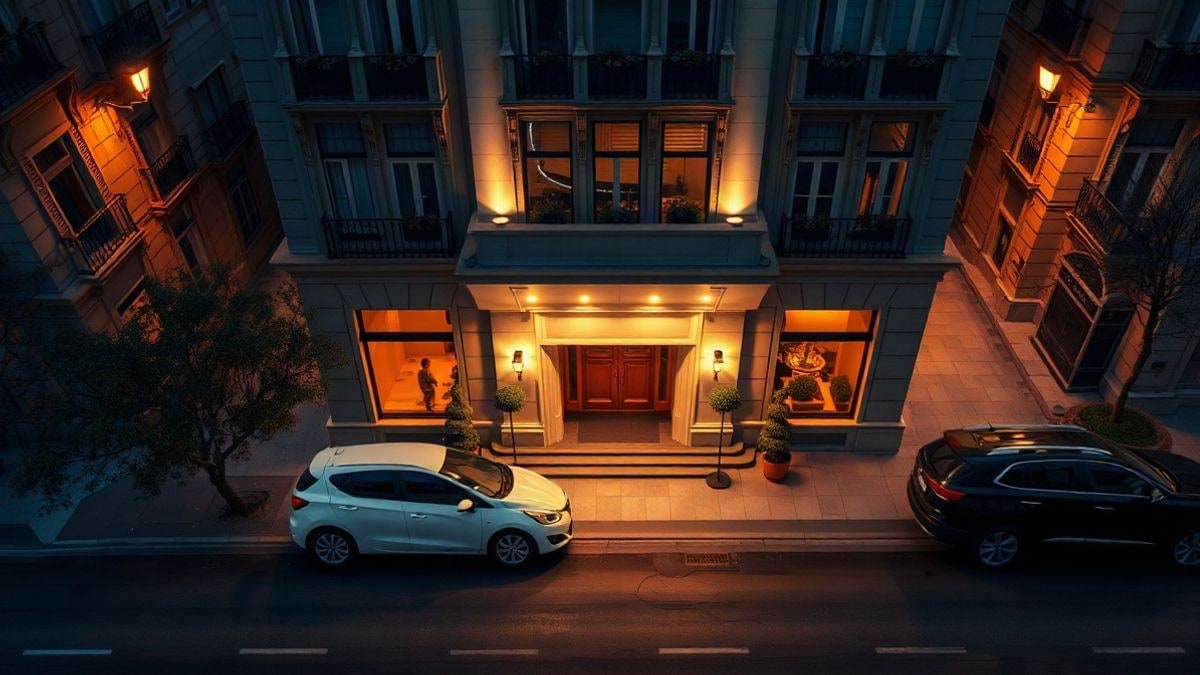 Imagen ilustrativa: vista cenital de la entrada de un hotel de lujo en un bulevar urbano al atardecer