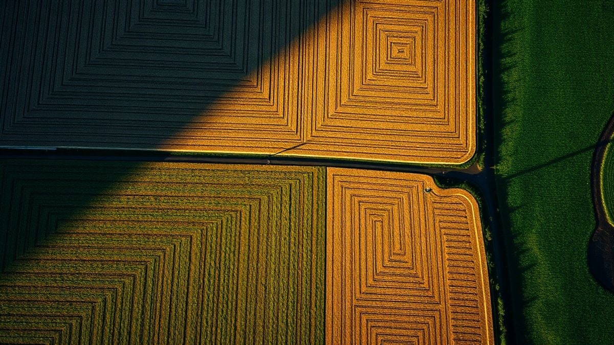 Imagen ilustrativa: vista cenital de campos de cultivo geométricos en un paisaje agrícola