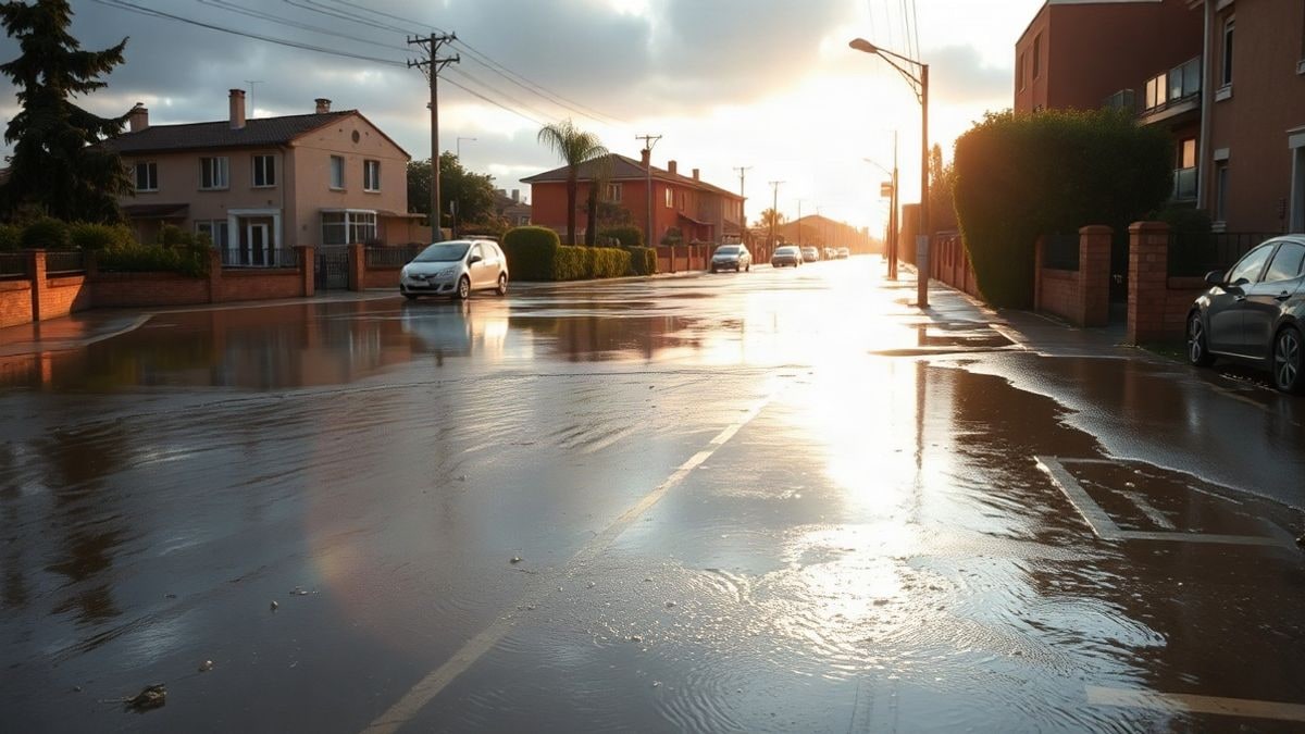 Illustrative image: flooded street at dawn with submerged cars and muddy water