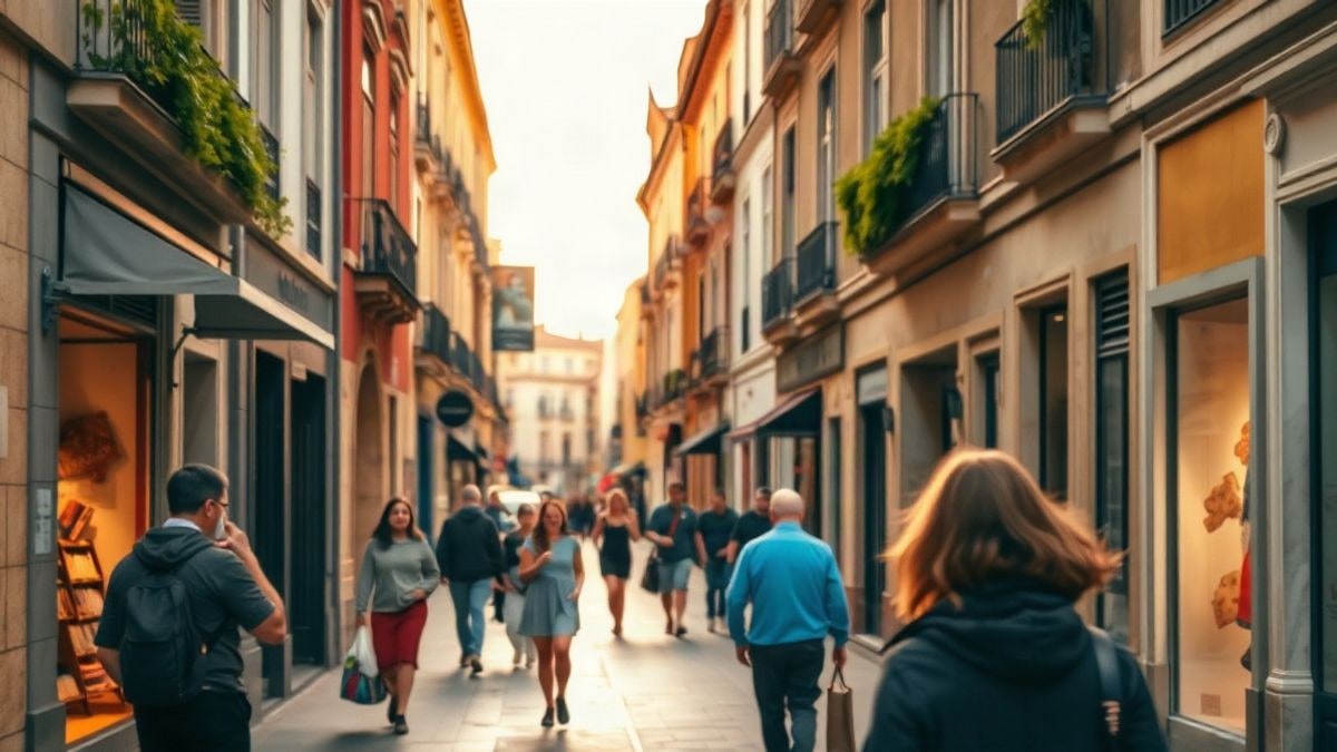 Illustrative image: pedestrian shopping street with converging perspectives and local shop windows at sunset