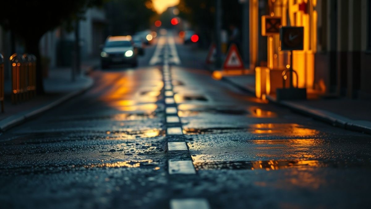 Illustrative image: urban street flooded at sunset with a submerged car and reflections on the asphalt