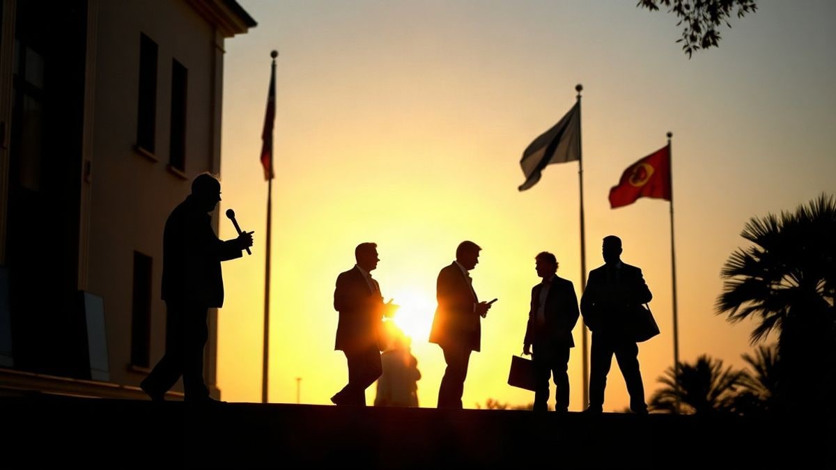 Imagen ilustrativa: siluetas de figuras políticas en un atardecer con sombras largas sobre la fachada de un edificio institucional moderno