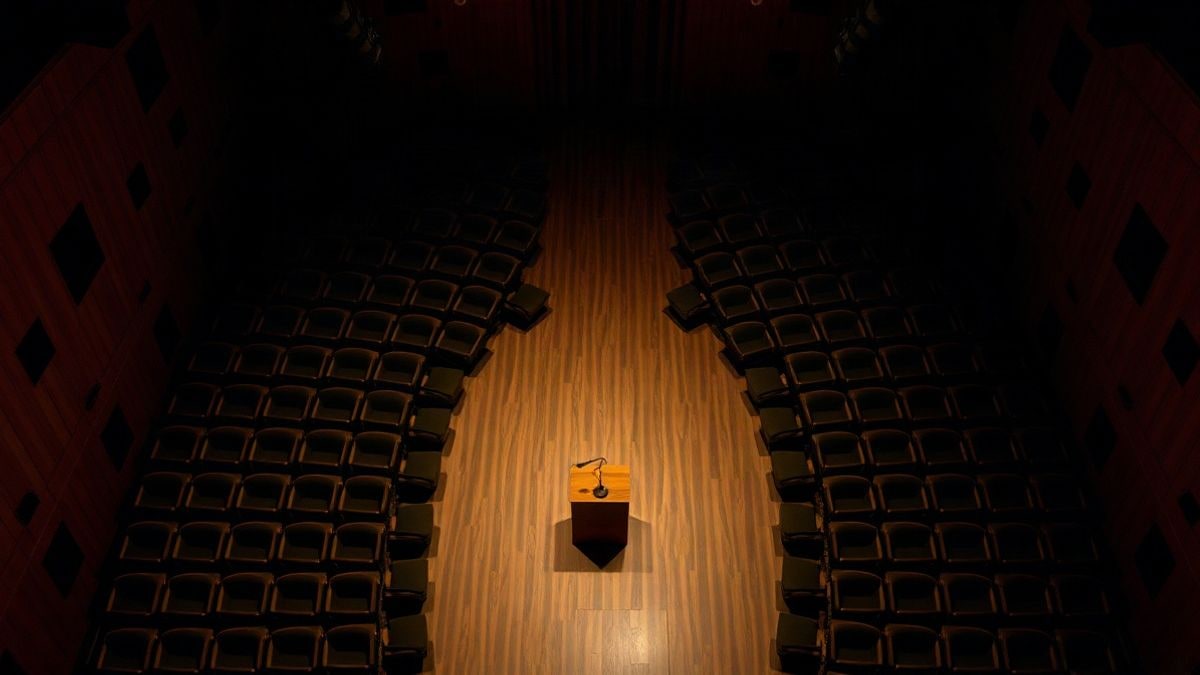 Illustrative image: overhead view of an empty stage with a podium and microphone in an auditorium