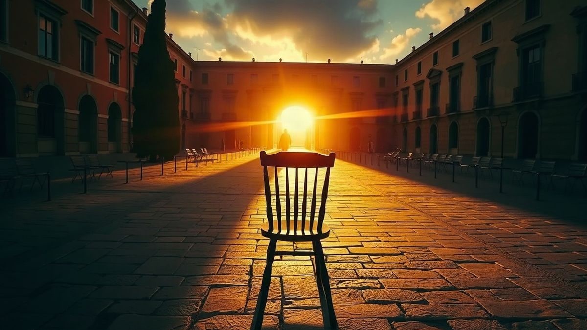 Illustrative image: a wooden chair on a stone square at sunset, with long shadows and backlighting