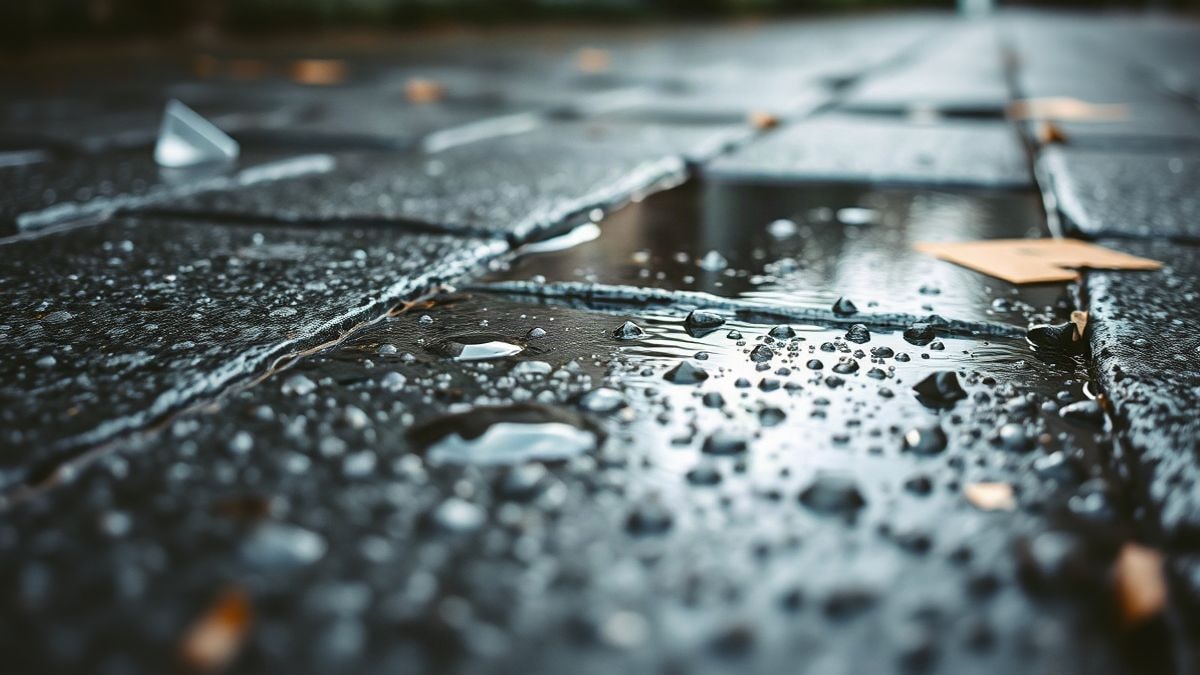 Imagen ilustrativa: primer plano de un suelo de piedra mojado por la lluvia, con gotas y charcos reflejando el cielo gris