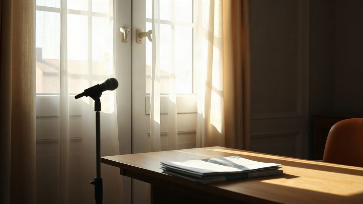 Imagen ilustrativa: interior con luz de ventana lateral sobre un escritorio con micrófono y periódico doblado