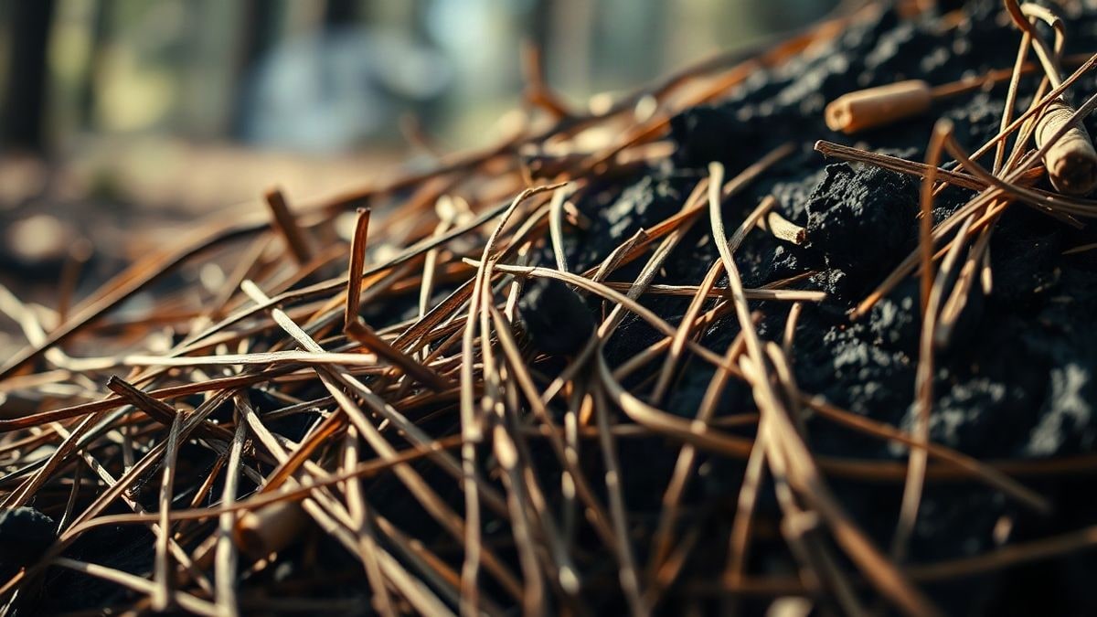 Imagen ilustrativa: primer plano de agujas de pino secas y madera carbonizada tras un incendio forestal
