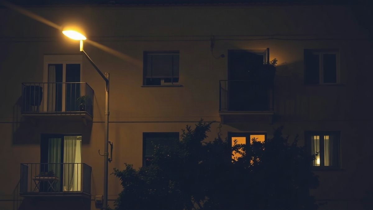 Illustrative image: facade of a residential building lit up at night by street lamps