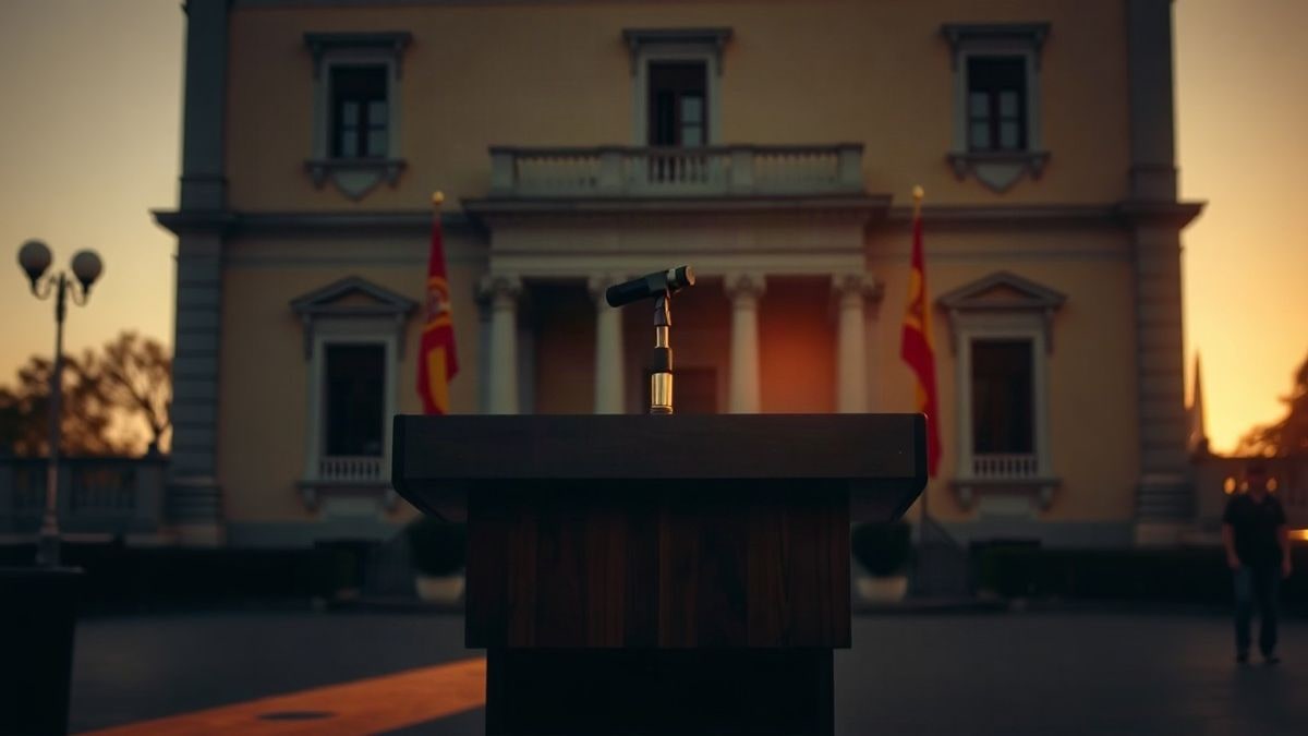Imagen ilustrativa: un atril de madera vacío frente a la fachada sobria de un edificio institucional al atardecer