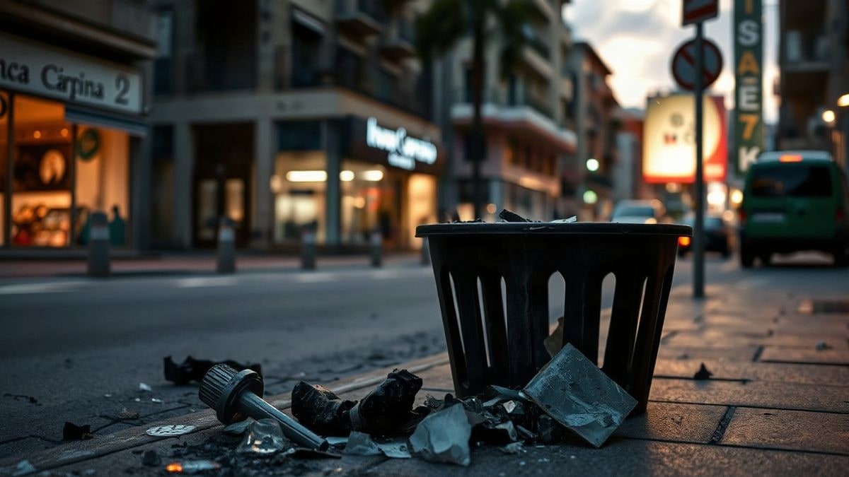 Imagen ilustrativa: un contenedor metálico quemado sobre el pavimento de una calle al atardecer