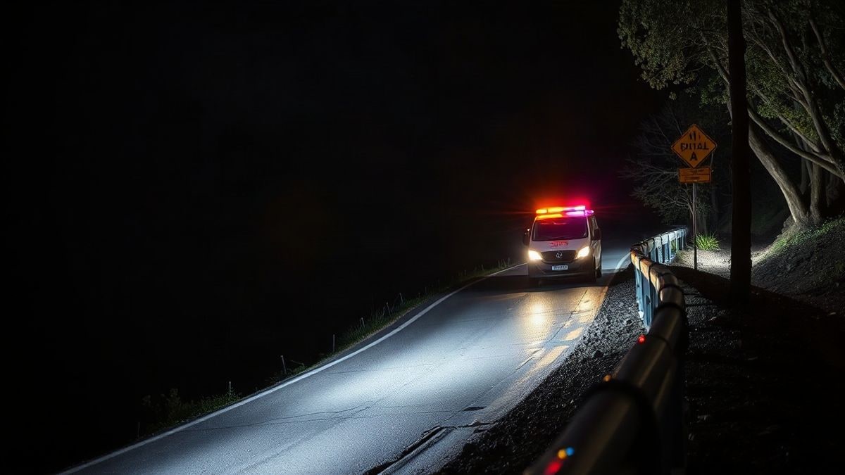 Illustrative image: a slope next to a mountain road at night, illuminated by emergency lights and a damaged metal railing