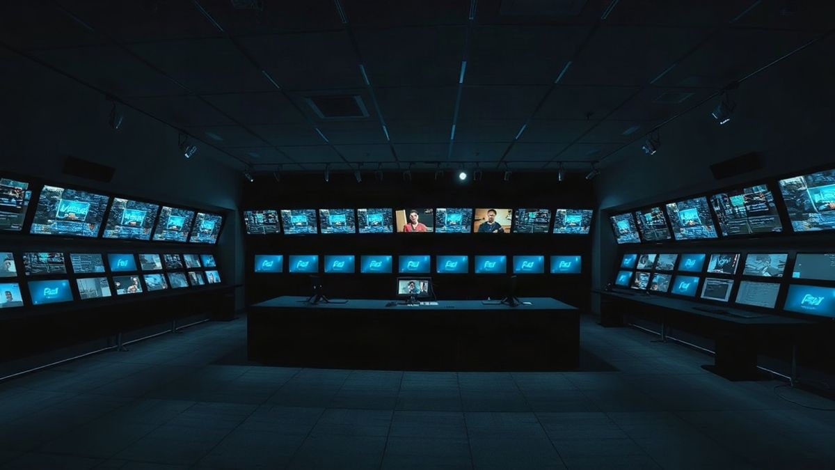 Illustrative image: empty broadcast control room with monitors lit in the dim light