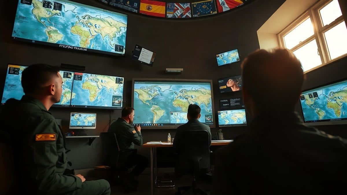 Imagen ilustrativa: sala de operaciones militares con mapas y pantallas, vista desde un ángulo bajo