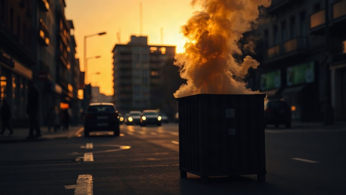 Illustrative image: silhouette of a burning container on an urban street at sunset, with smoke and long shadows